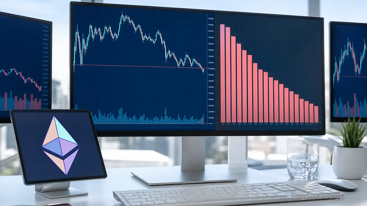Multi-monitor trading desk showing an Ethereum price chart sliding lower with the Ethereum logo on a side screen