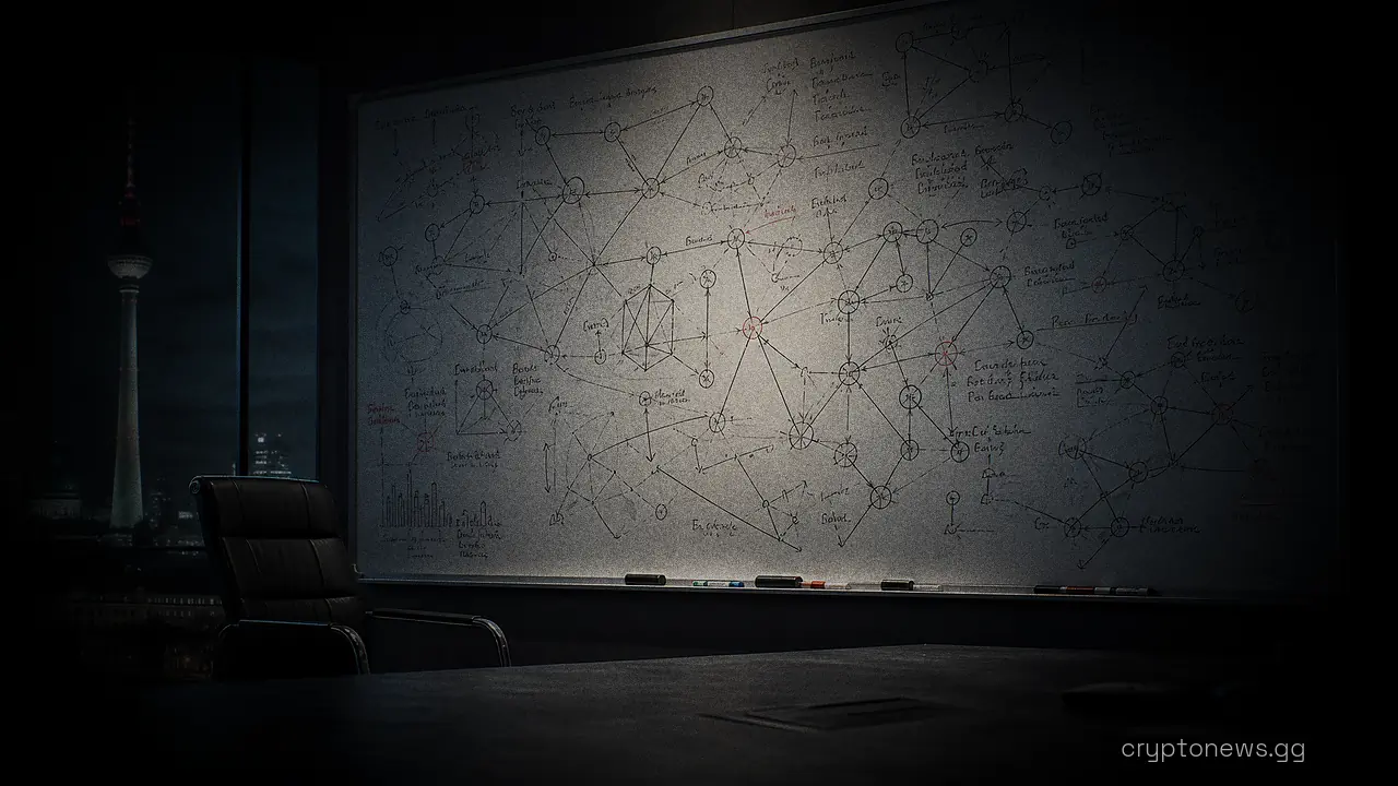 Whiteboard in an empty conference room covered with hand-drawn network diagrams and arrows, marker pens on the tray below