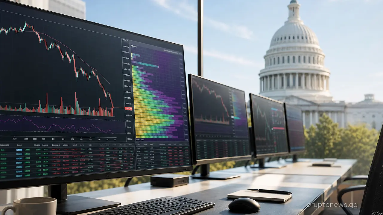 Trading terminals facing a window framing the U.S. Capitol dome, nearest screen showing a falling Ethereum price chart