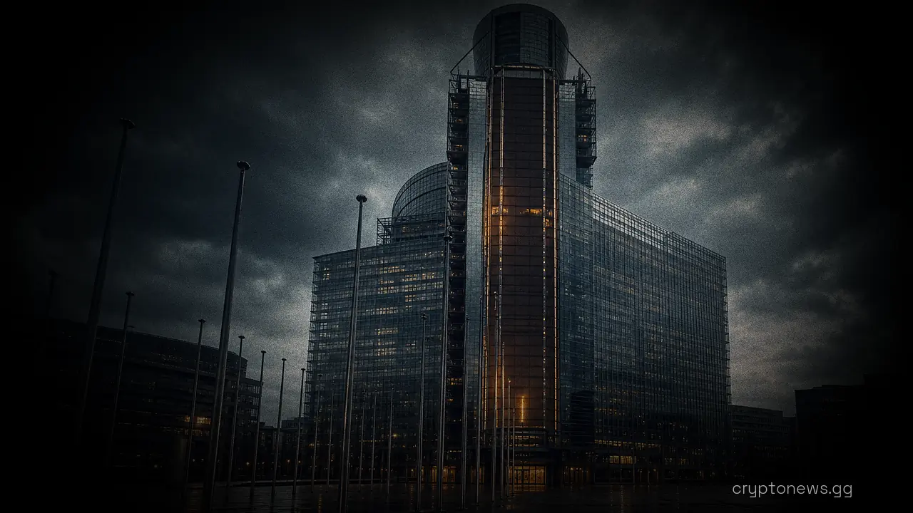 Glass towers of the European Commission Berlaymont building in Brussels above an empty plaza with bare flagpoles