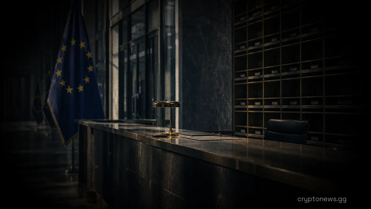 Marble lobby of an EU institutional building with a reception desk, glass-walled offices, and rows of document pigeonholes