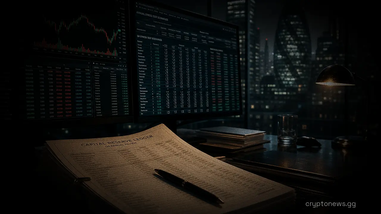 Trading terminals in a London office display crypto balance sheets and stress-test spreadsheets beside a printed ledger