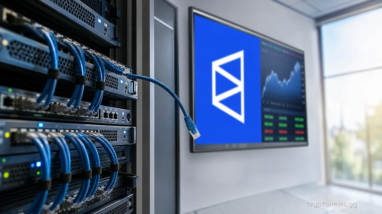 Data center servers and cables beside a wall screen showing a Polymarket odds board, one cable unplugged