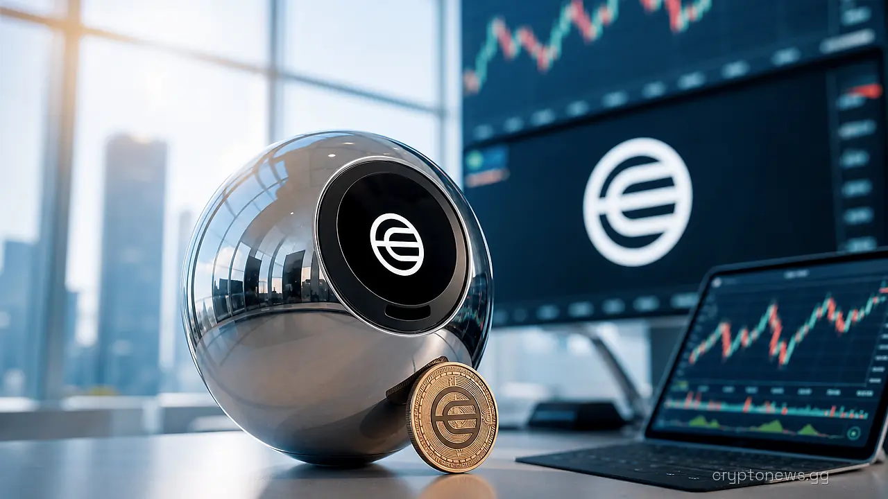 Chrome spherical Orb scanning device on a trading desk beside a Worldcoin token, price screens and exchange terminal behind
