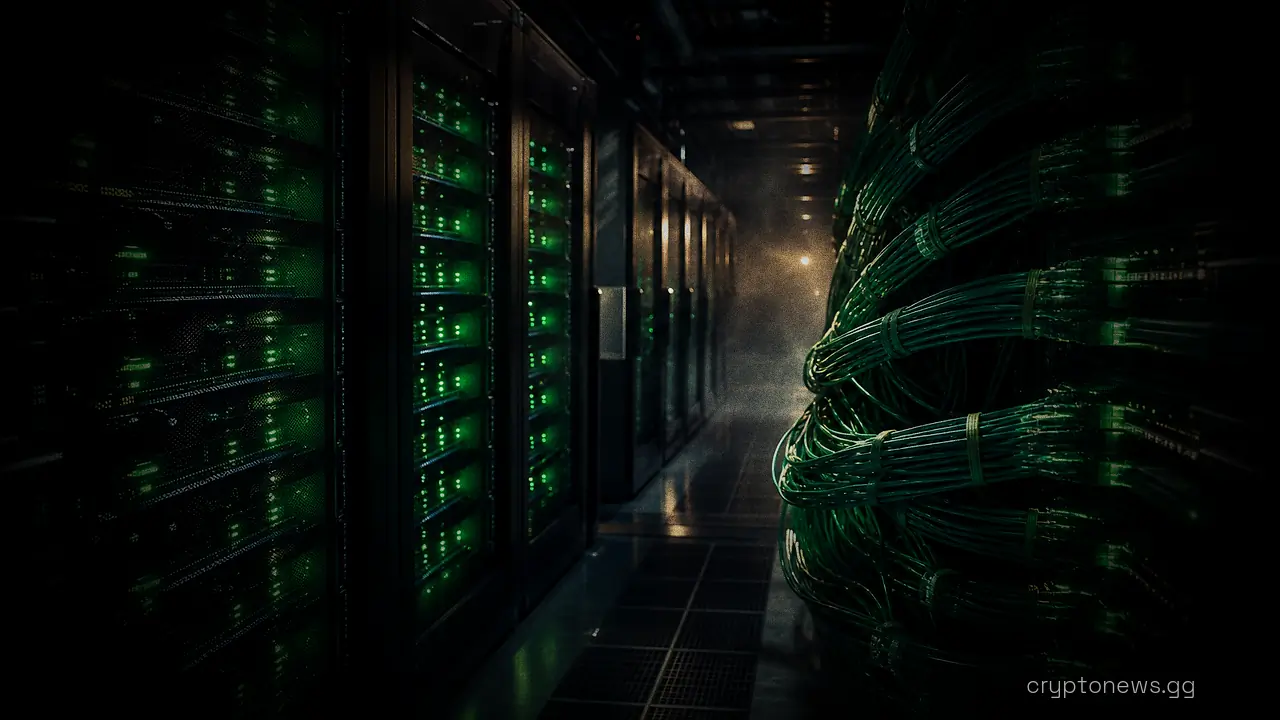 Rows of humming server racks in a data center hall with fiber-optic cables fanning out to network switches