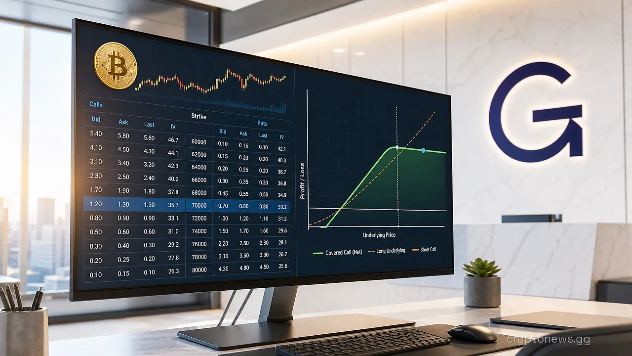 Trading desk monitor showing a Bitcoin options chain and covered-call payoff curve with Grayscale signage behind it