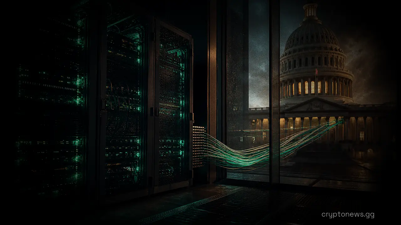 Data center server racks visible through glass wall facing the U.S. Capitol, fiber cables spanning between them