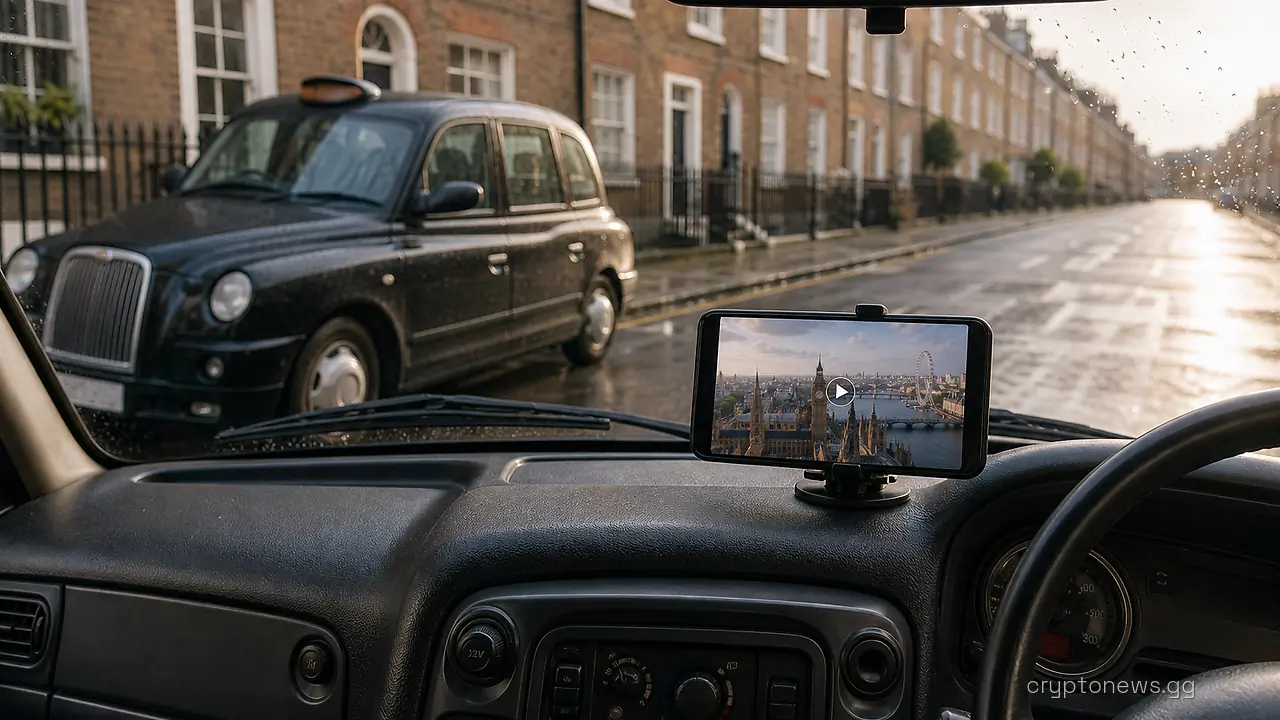Empty London black cab on a wet terraced street with a smartphone mounted on the dashboard showing a paused video