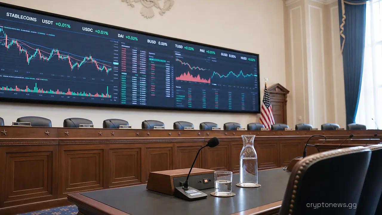 Empty congressional hearing room with a witness table and a wall screen showing crypto trading charts behind the dais