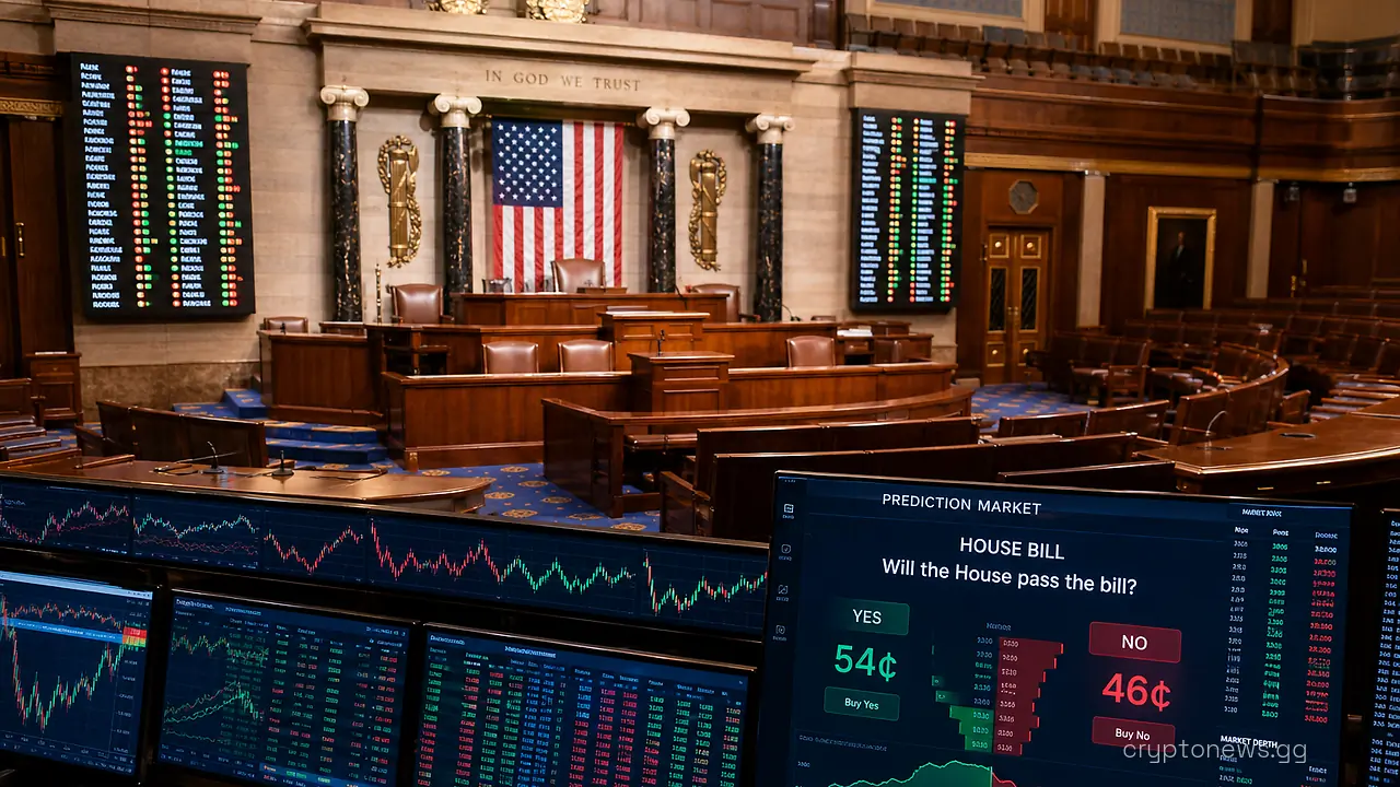 US House chamber rostrum and electronic vote-tally wall above trading terminals with ticker ribbons and an order-book screen