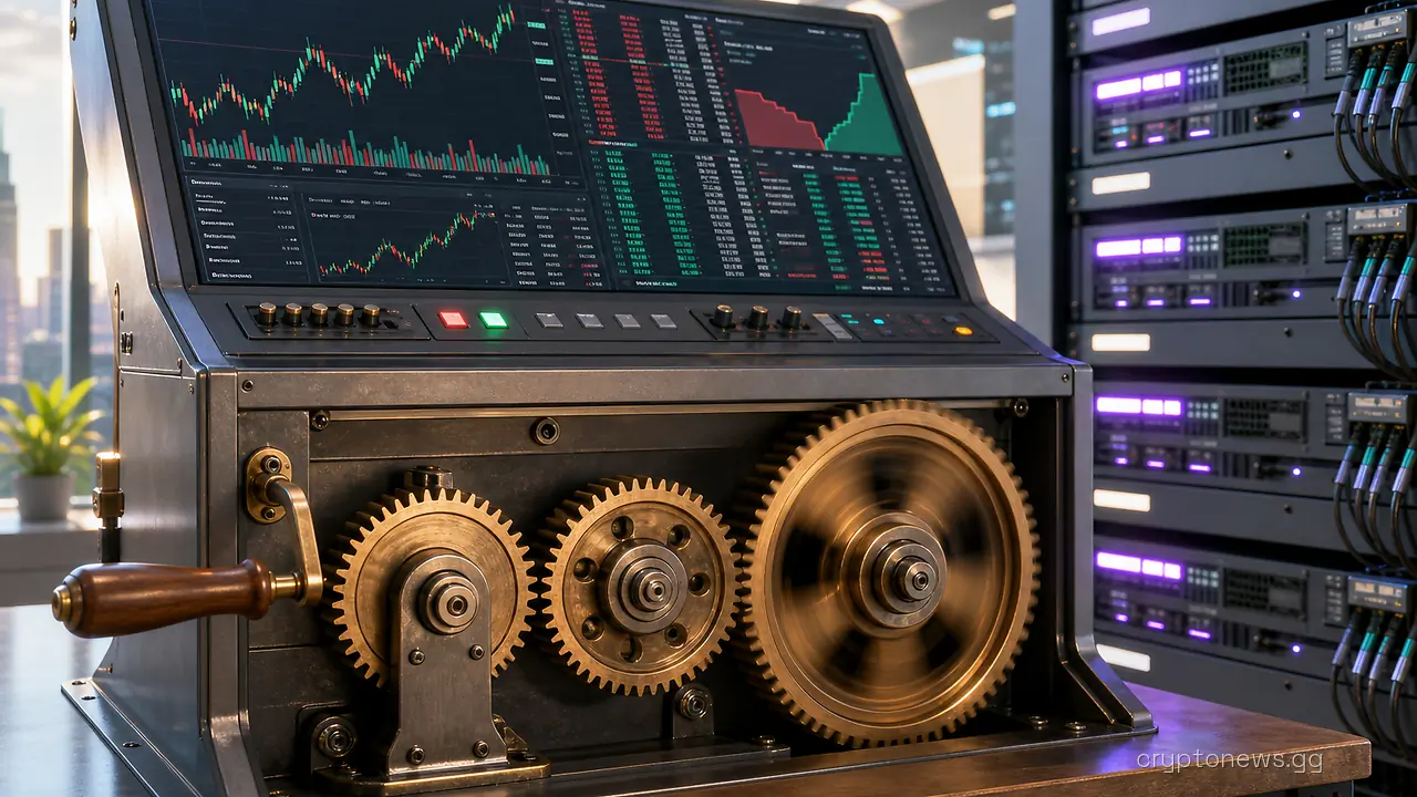Trading terminal desk with interlocking gears and screens showing Bitcoin price charts, cabled to Solana servers