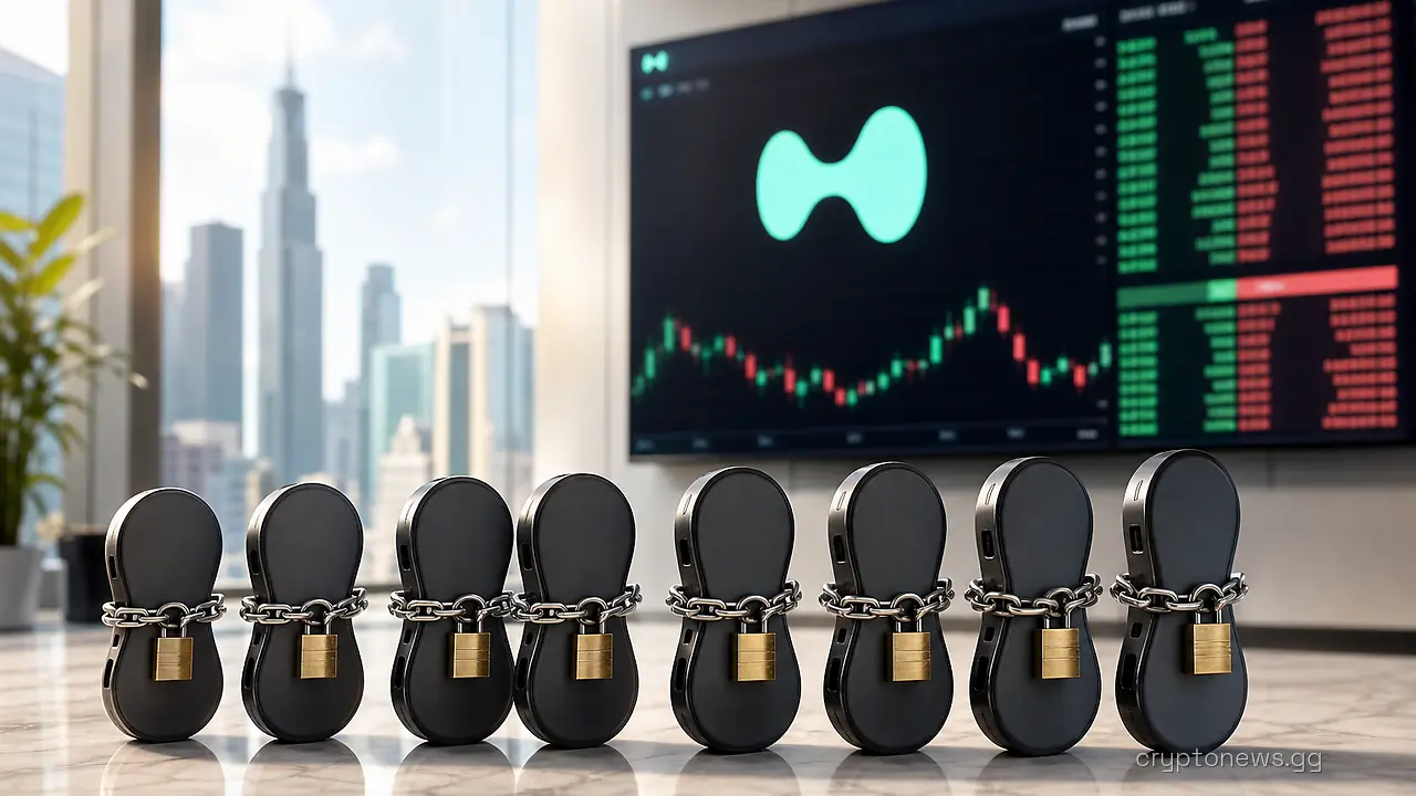 Eight padlocked hardware wallets on a desk before a Hyperliquid screen showing a perpetual-futures order book