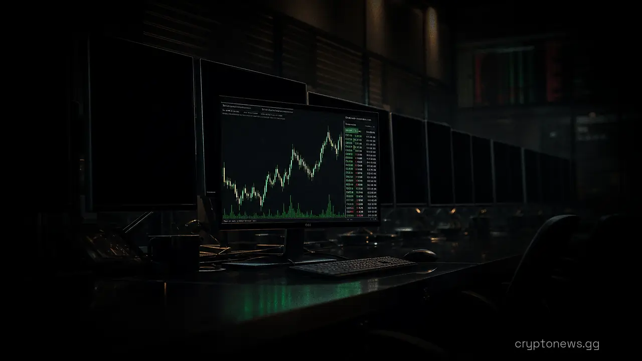 A long trading desk of identical monitors, all switched off except one central screen showing an active market feed