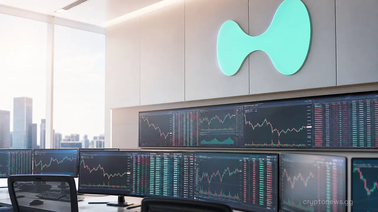 Wall of trading terminals showing scrolling order books and futures tickers with Hyperliquid branding above the main display