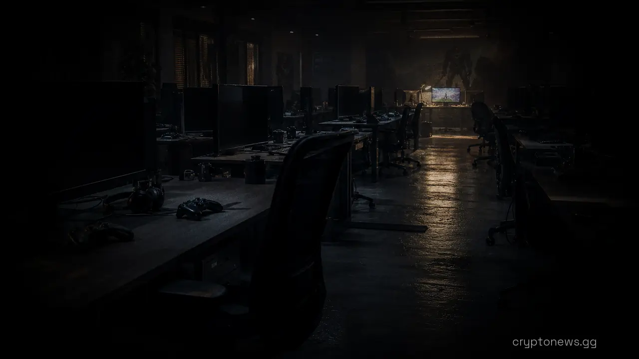 Empty game studio with dark monitors and abandoned desks except one lit workstation