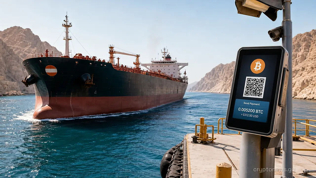 Oil tanker passing through the narrow Strait of Hormuz beside a toll checkpoint with a Bitcoin payment terminal