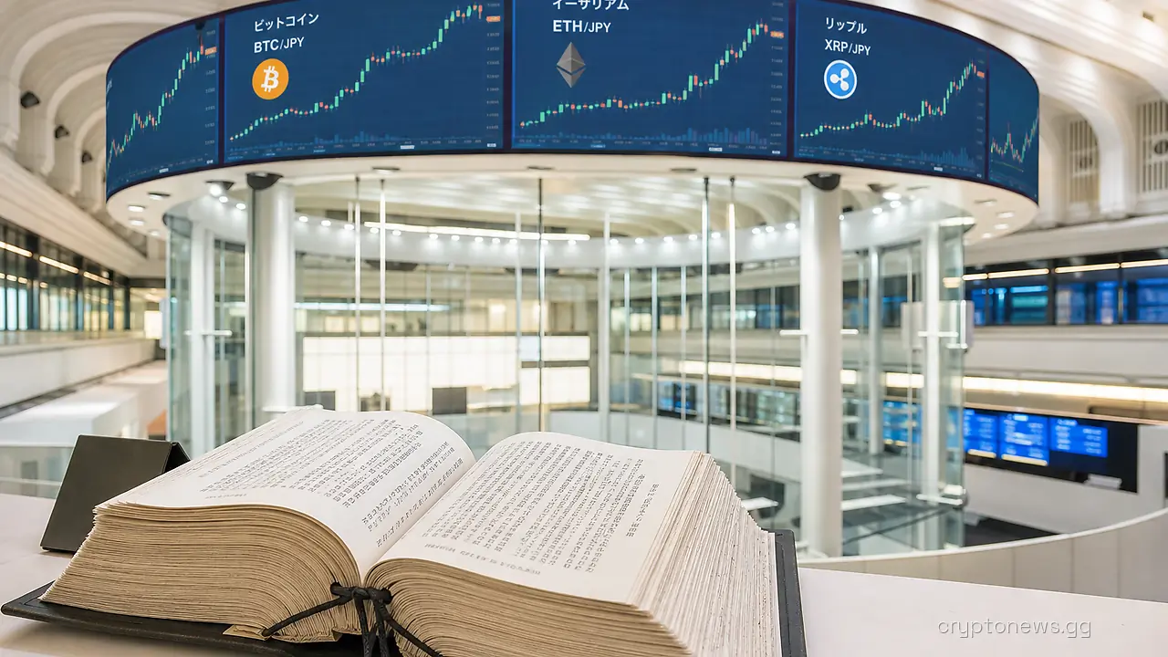 Tokyo Stock Exchange ticker ring showing crypto price charts above an empty trading floor, bound legislation on a desk