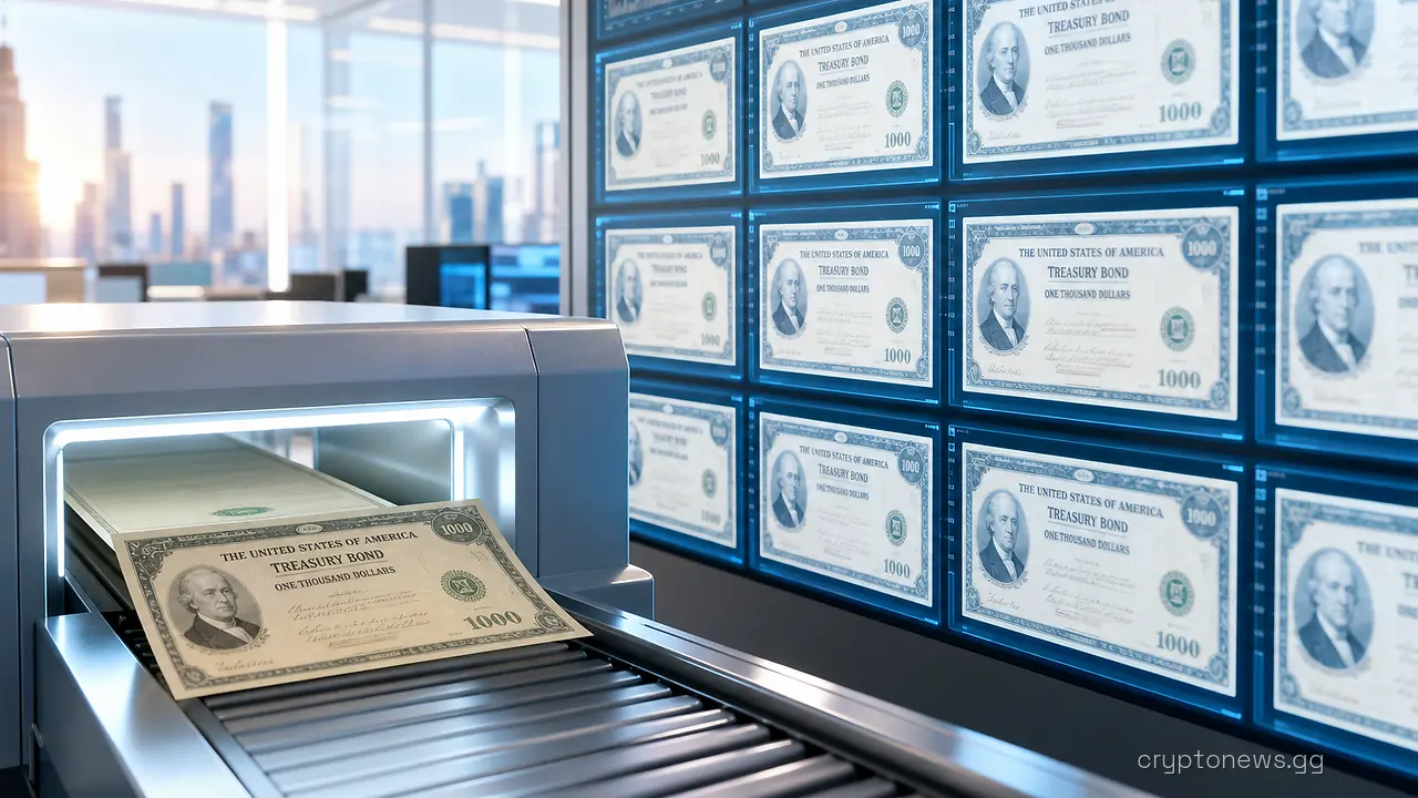 A US Treasury bond certificate on a conveyor entering a scanner beside a wall of trading terminals showing token grids