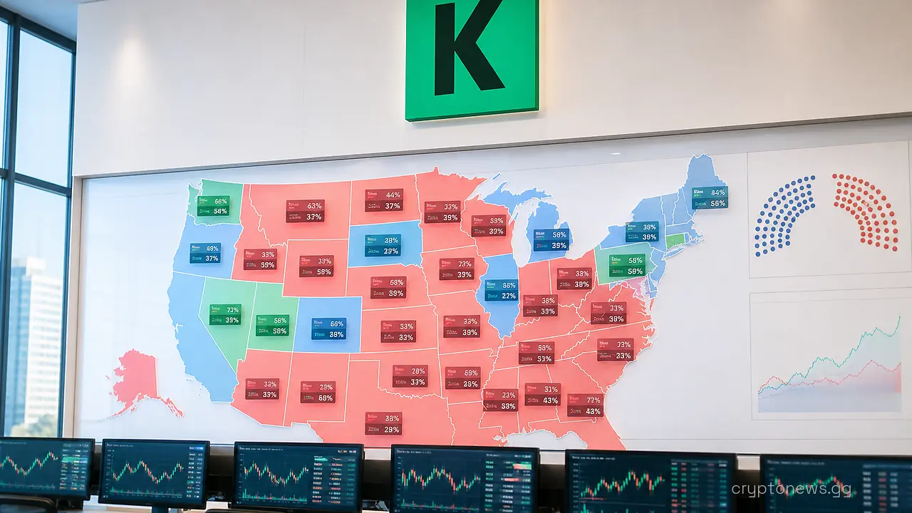 Wall-sized U.S. map of Senate and House races with live odds above trading terminals, Kalshi logo on the wall