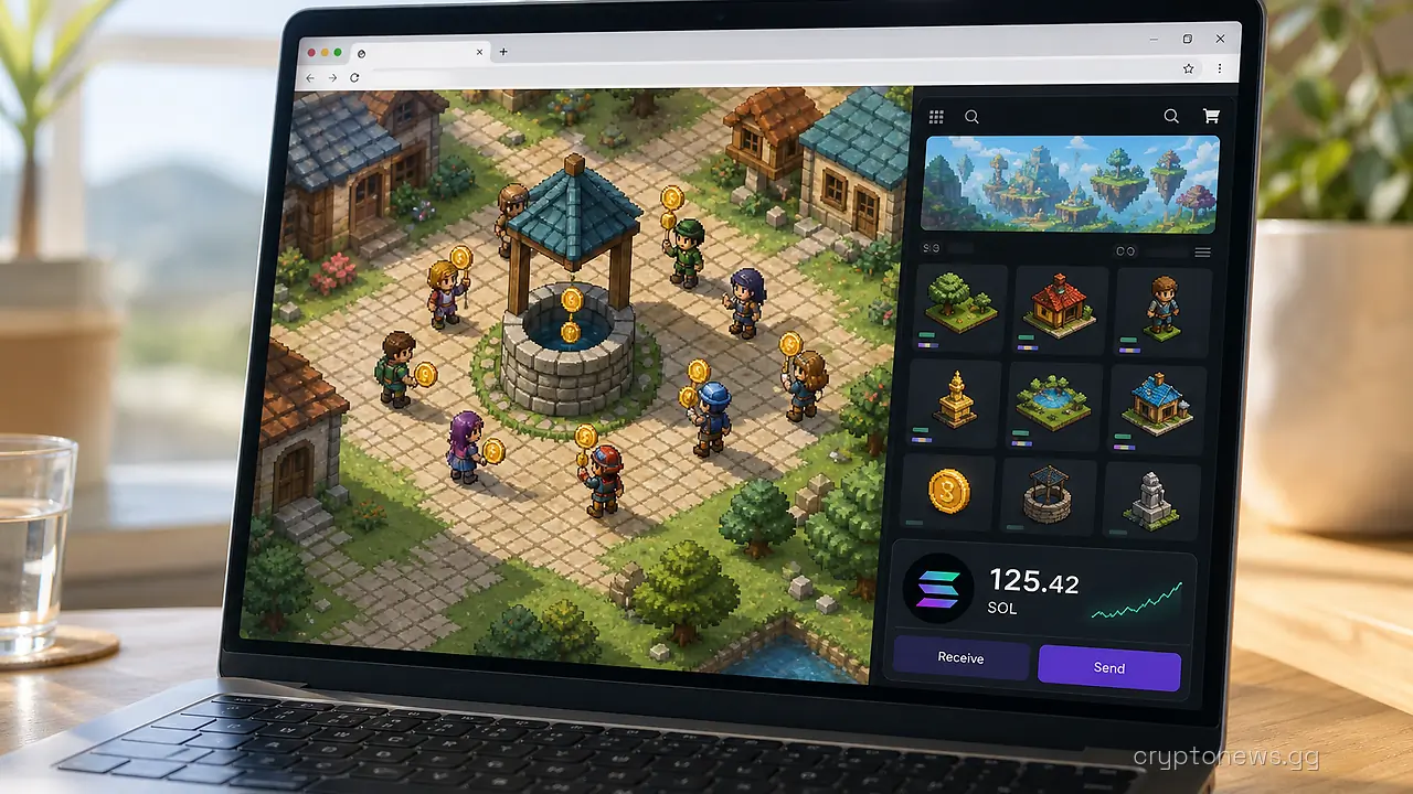 Retro isometric game village in a browser tab, a stone wishing well and blocky characters by a Solana marketplace panel