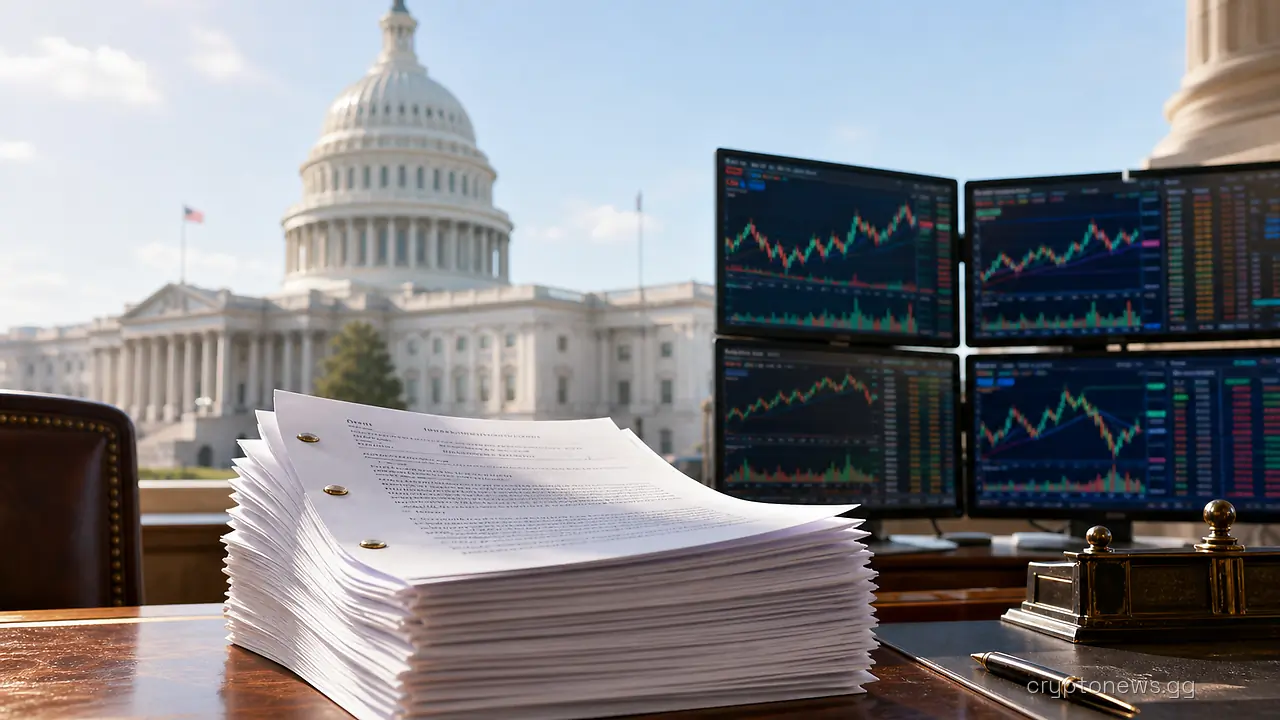 The U.S. Capitol behind a Senate desk with stacked bill pages and trading terminals showing crypto price charts