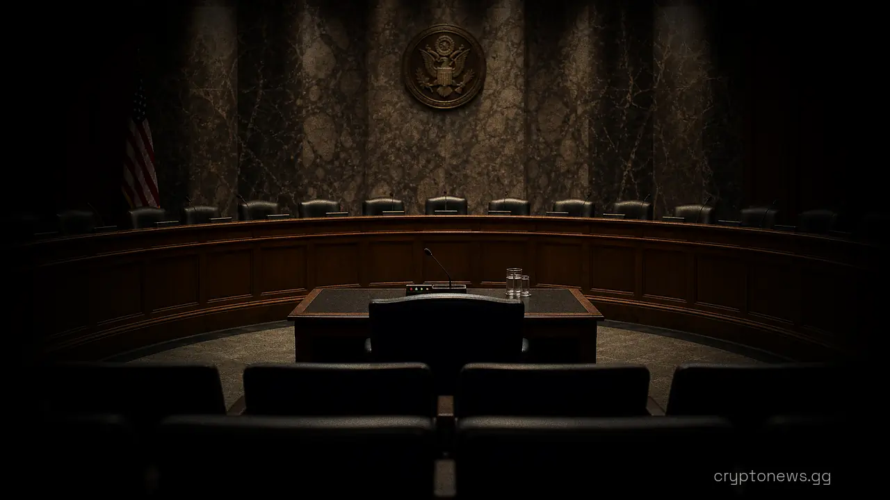 Empty Senate committee hearing room with a raised semicircular dais, a witness table and waiting microphones