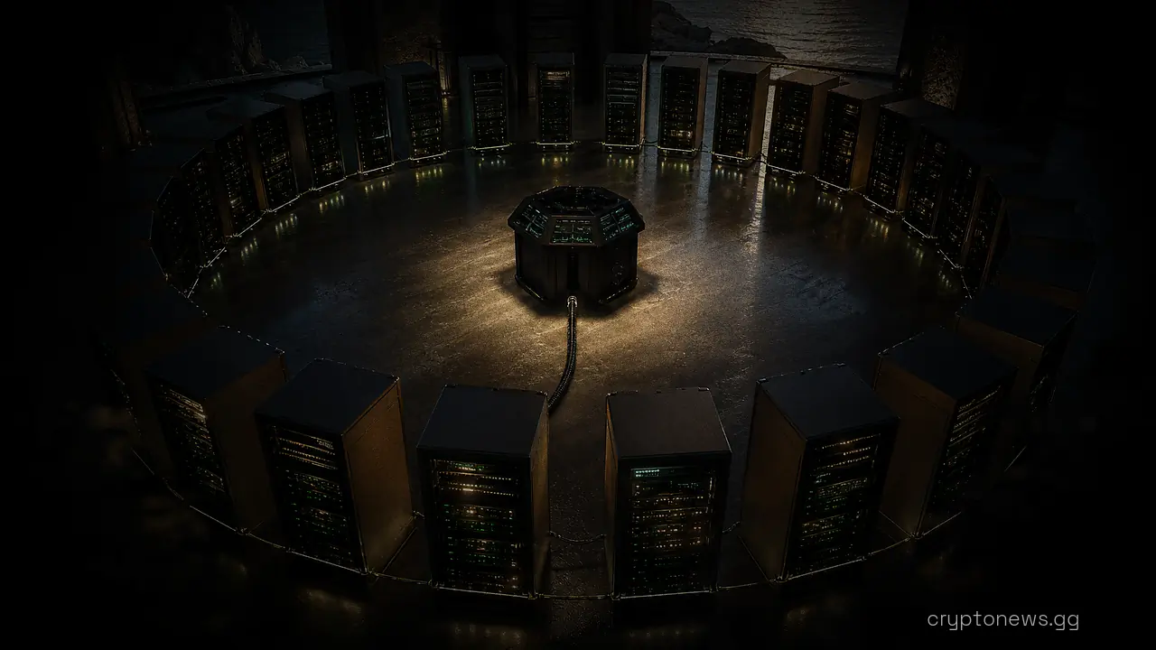 A circular ring of server racks in a data center connected to a central console by cables