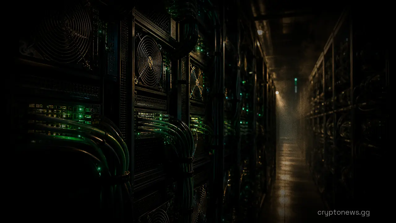 A long data center corridor lined with packed server racks and bundled network cabling between the aisles