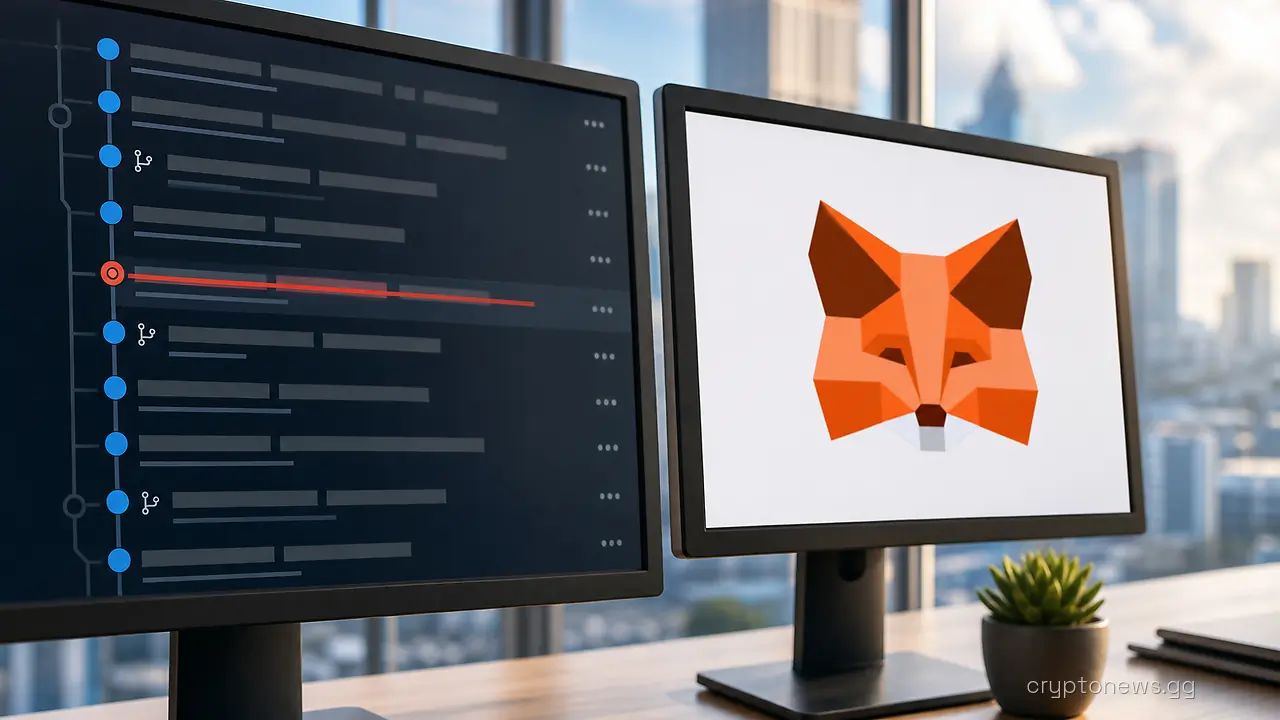 Multi-monitor developer workstation showing a commit history with flagged commits beside the MetaMask wallet interface
