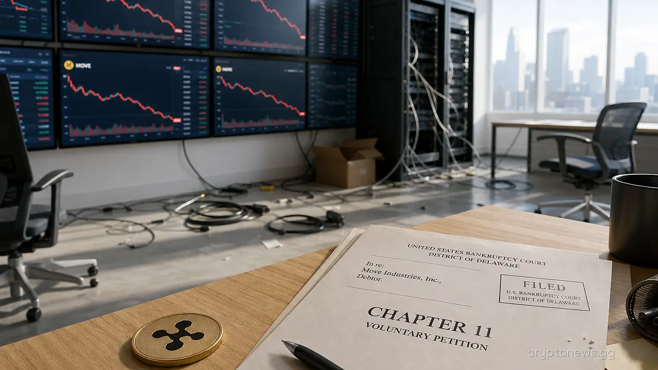Empty startup trading room with exchange terminals showing a falling MOVE price line and a Chapter 11 court filing on a desk