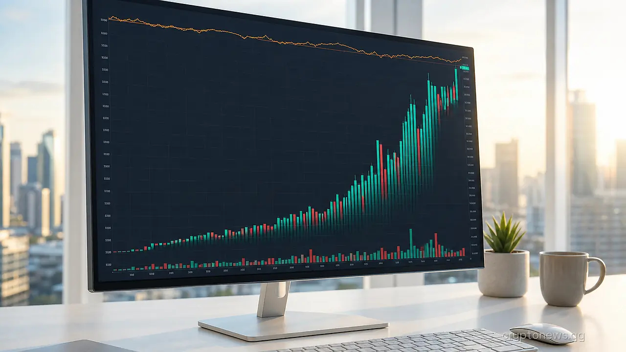 A single trading monitor on an empty desk showing rising bar-shaped graphs beside a nearly flat trend line