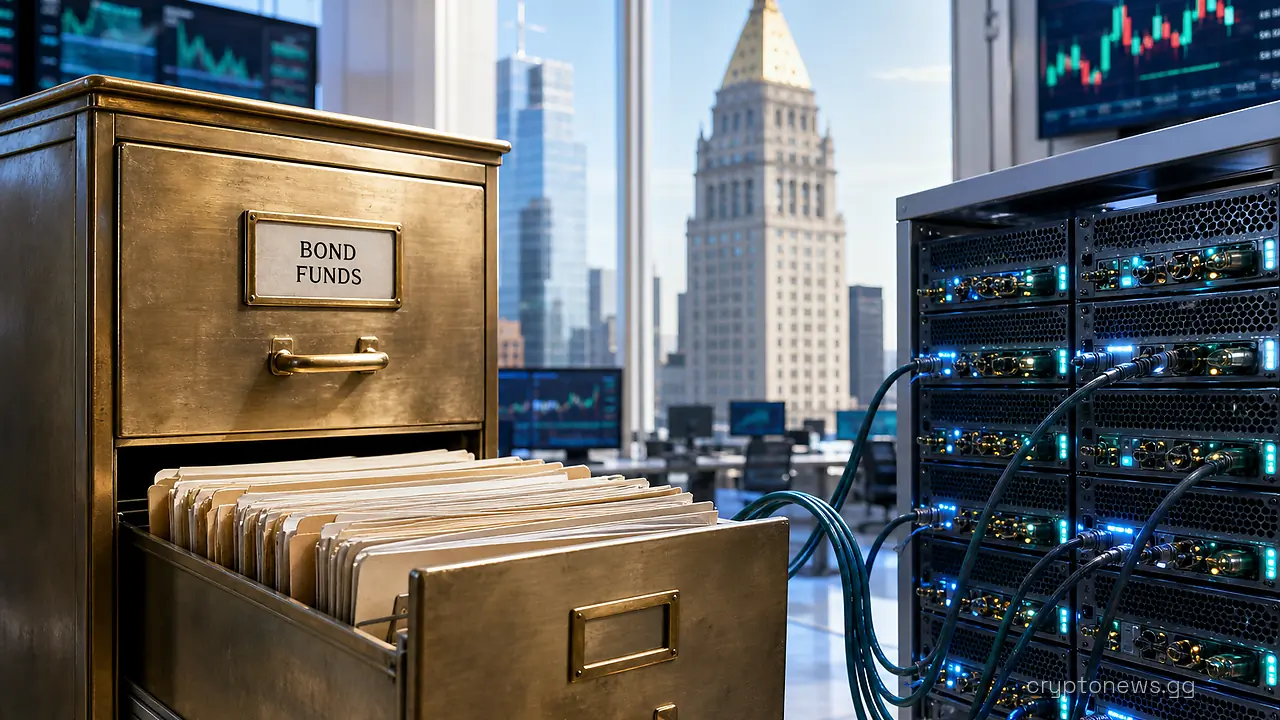 A brass filing cabinet beside blockchain servers on a trading floor below a pyramid-topped skyscraper