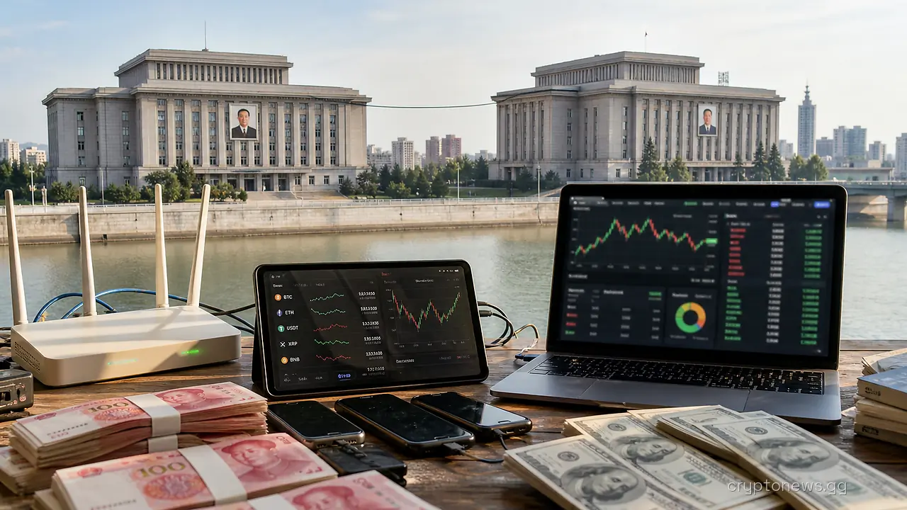 Two Pyongyang bank buildings linked by a cable to a border-town desk of crypto wallet screens, banknotes and burner phones