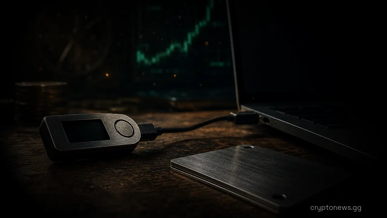 A small hardware wallet beside a blank steel recovery plate and a cable on a wooden desk near a closed laptop