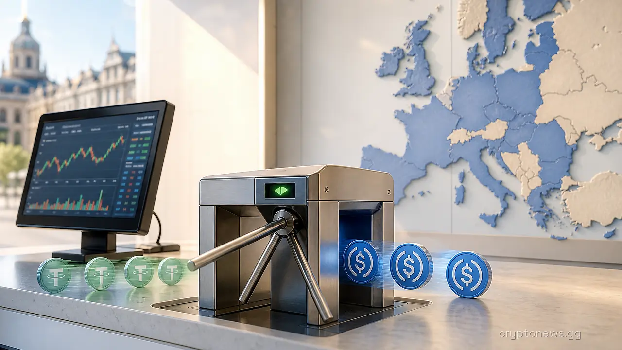 A one-way turnstile at a European currency-exchange kiosk with a trading terminal and stablecoin tokens passing through