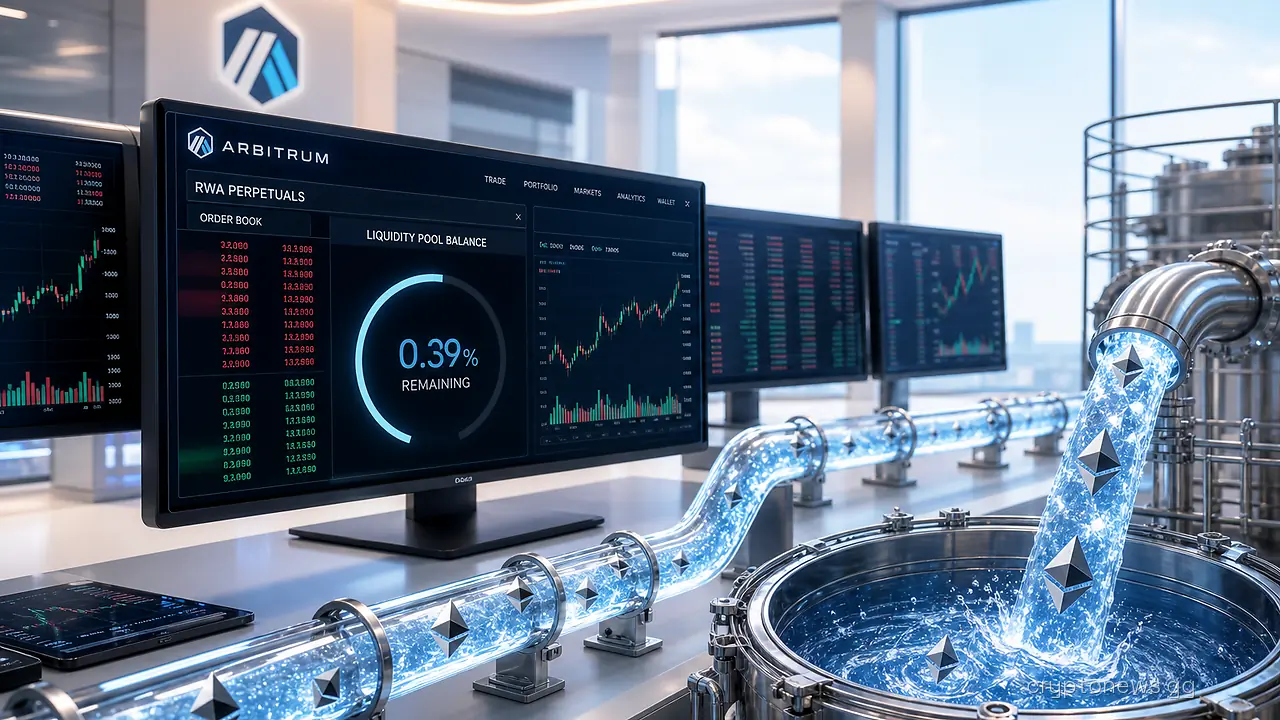 Trading terminals showing a perpetuals order book as a stream of ether flows through conduits into a churning mixing tank