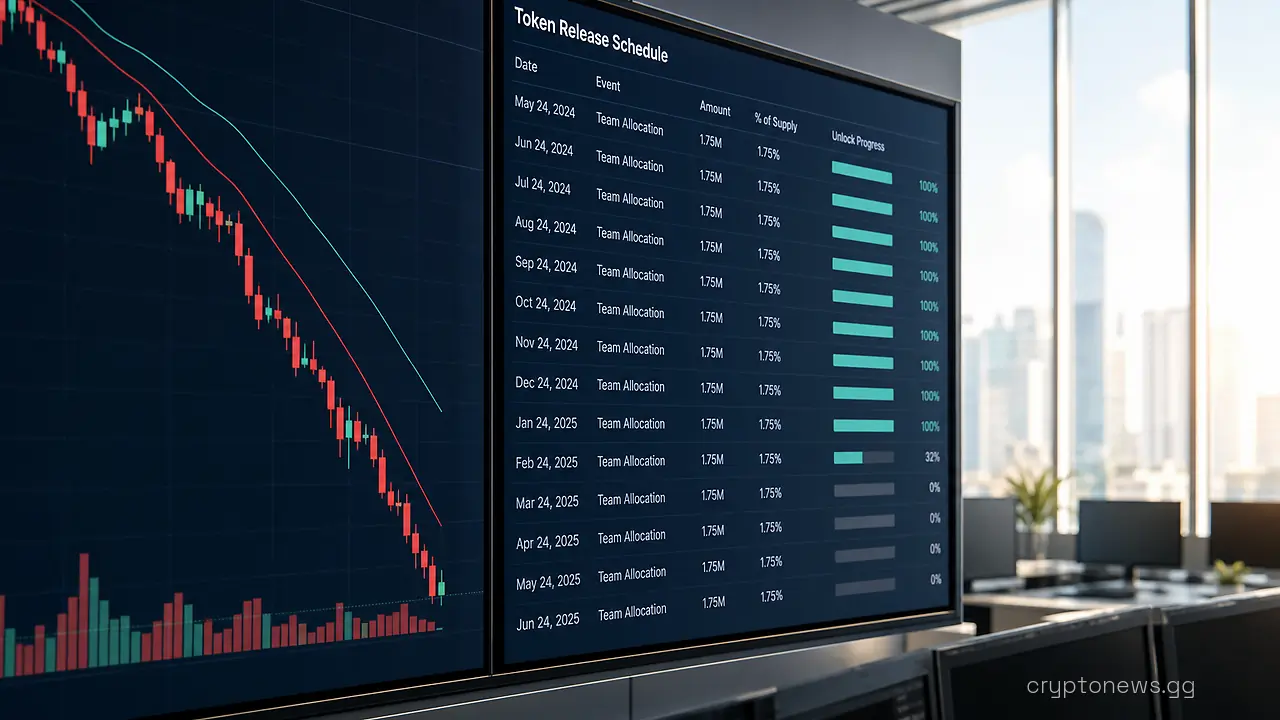 Trading terminal screens showing a falling price chart with a small upward candle and a token release schedule