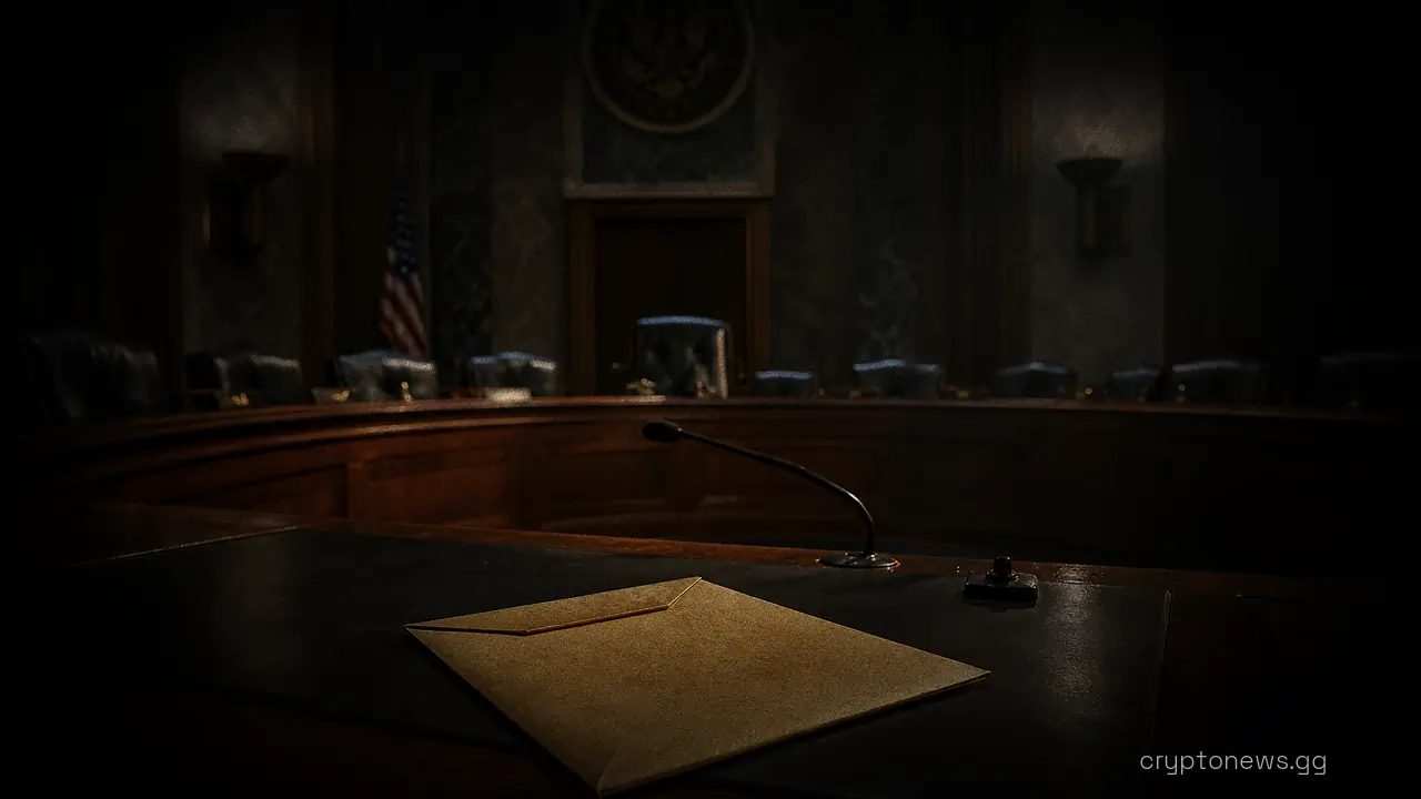 Empty Senate hearing room with vacant curved leather chairs and a plain envelope on the central desk