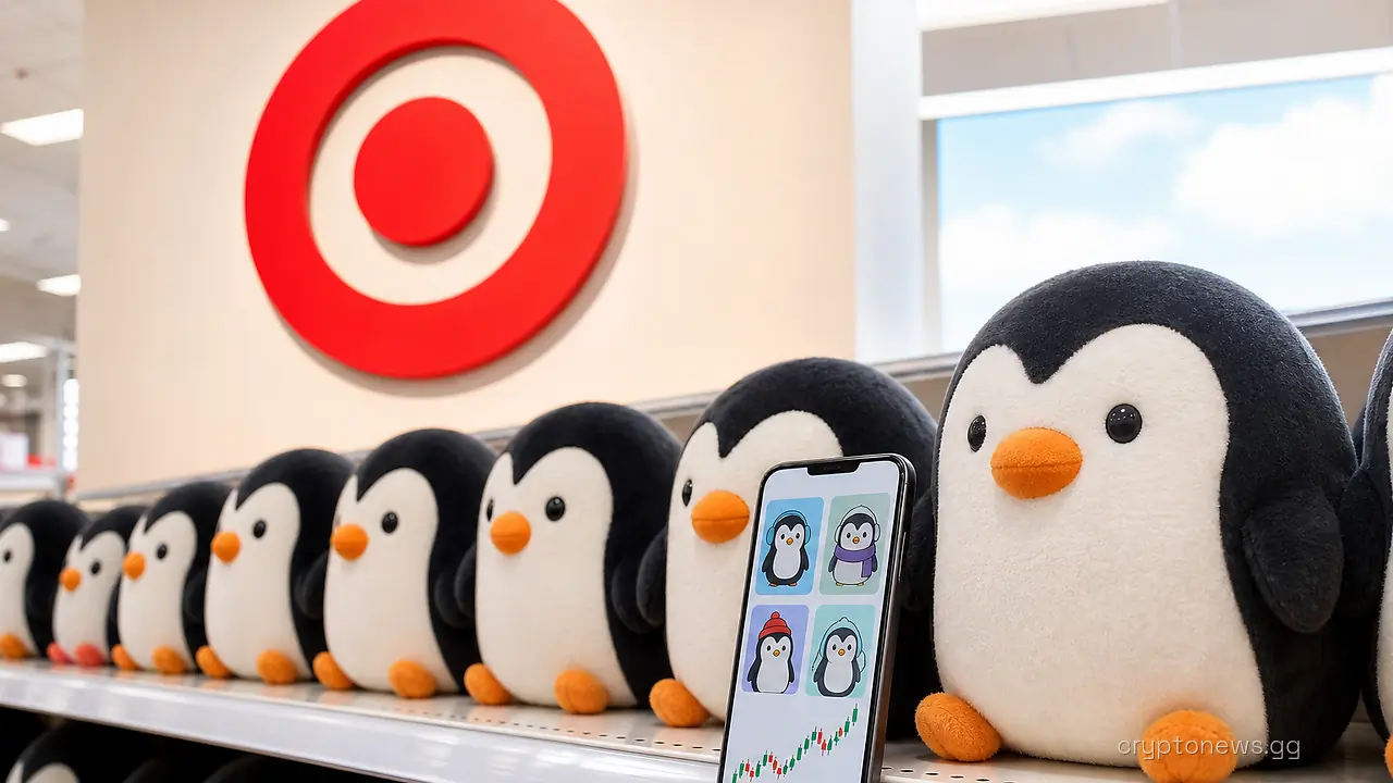 Rows of cartoon penguin plush toys on a Target toy-aisle shelf beside a phone showing matching digital collectibles