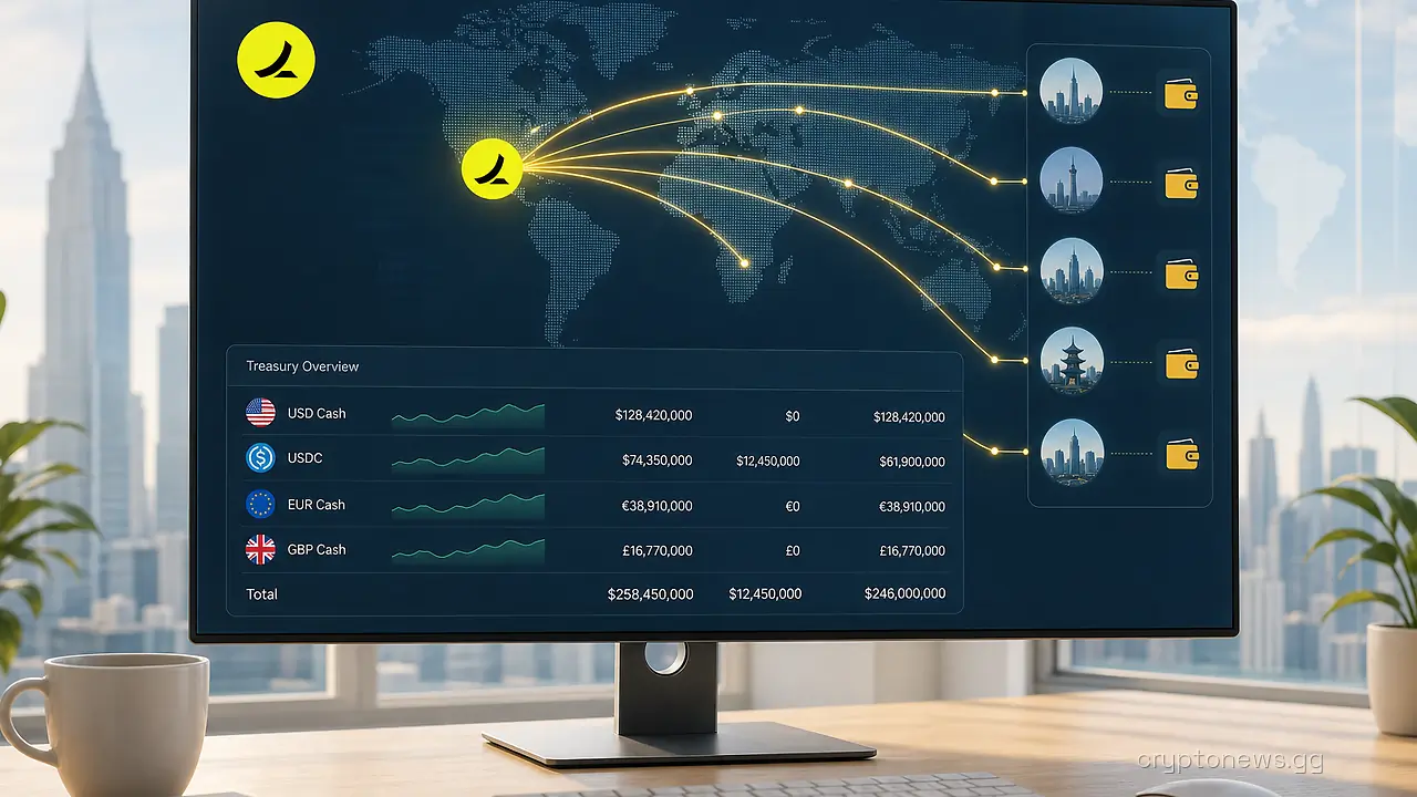 A Ramp treasury dashboard showing a stablecoin balance beside cash accounts with payment lines across a world map
