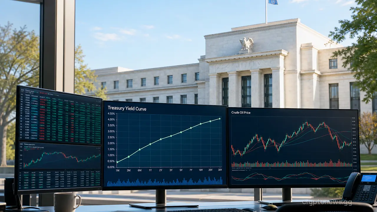 Empty trading desk facing monitors of Treasury yield and crude oil charts, Federal Reserve building outside