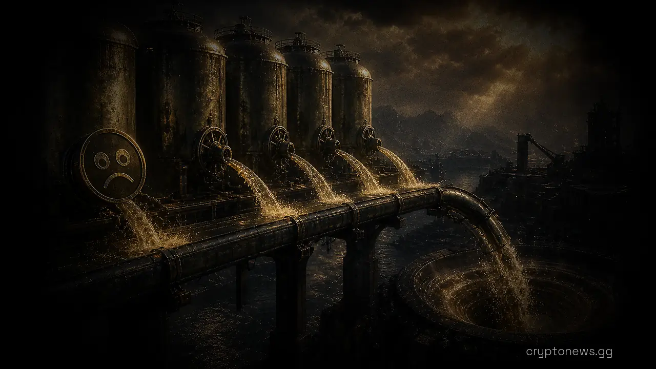 Five reservoir tanks draining through a pipeline over a bridge into a swirling funnel