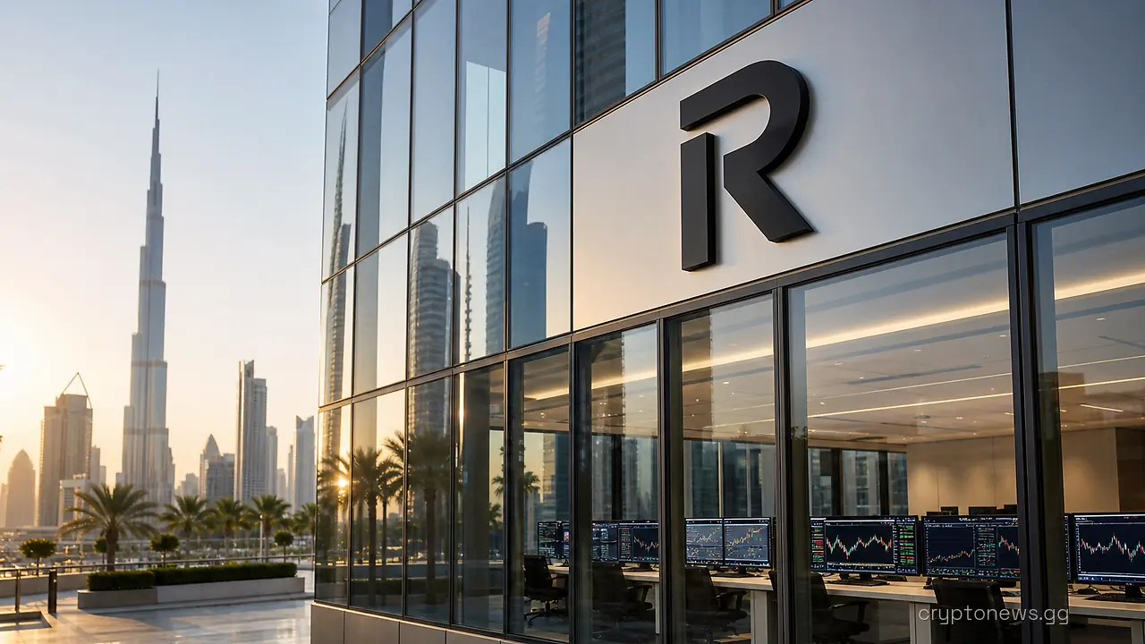 Dubai office tower with Revolut signage above ground-floor windows showing crypto trading terminals