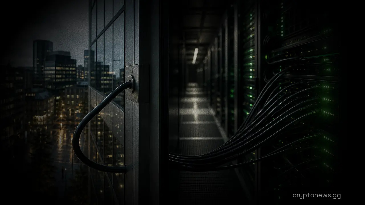 A single cable running from a glass office tower into rows of payment server racks