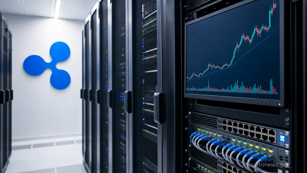 Data center server rack and network switches with Ripple signage and a monitor showing an XRP price chart
