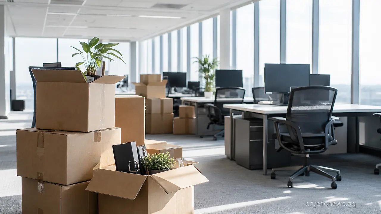 Packed cardboard boxes beside empty desks and switched-off monitors in a deserted open-plan tech office