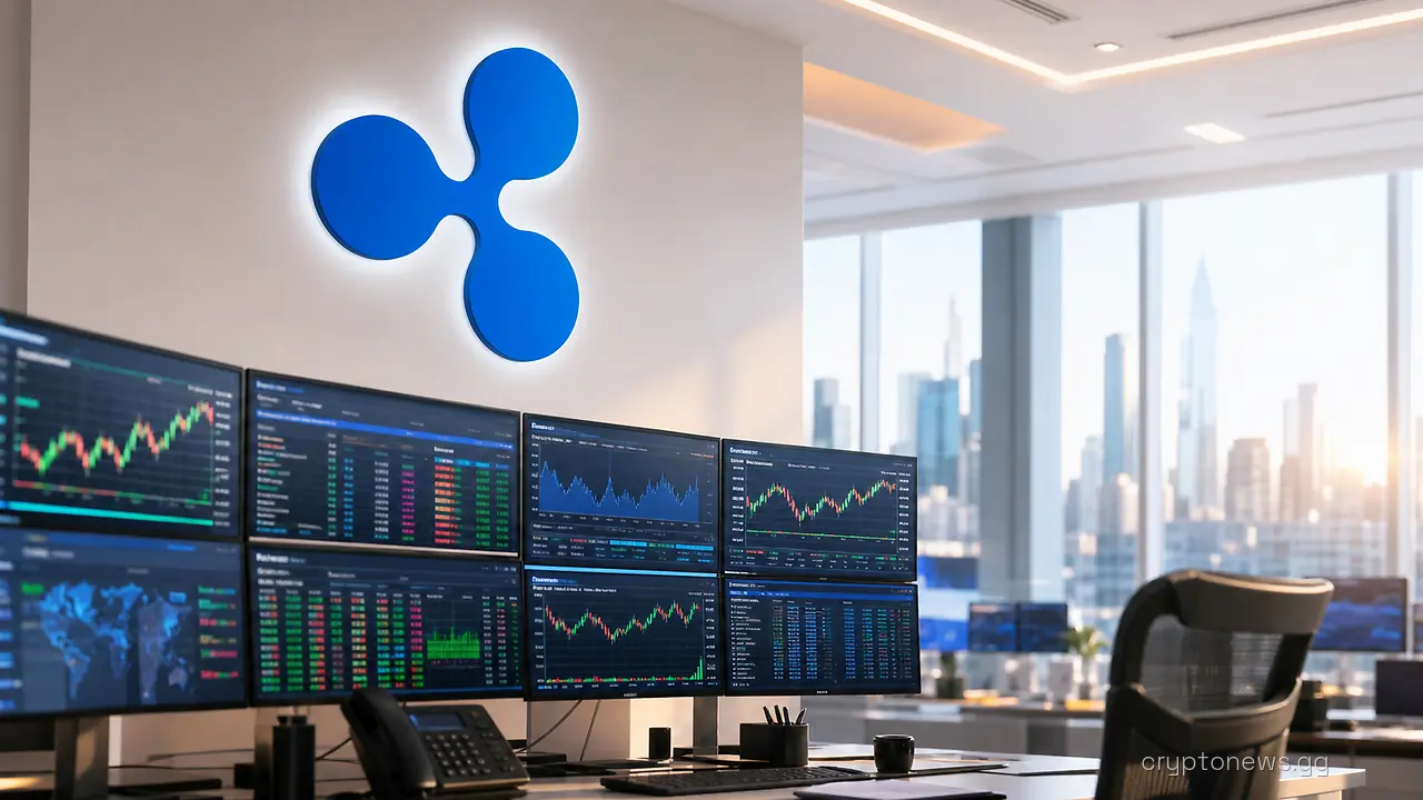 Institutional trading desk lined with terminal screens beneath Ripple signage on the wall