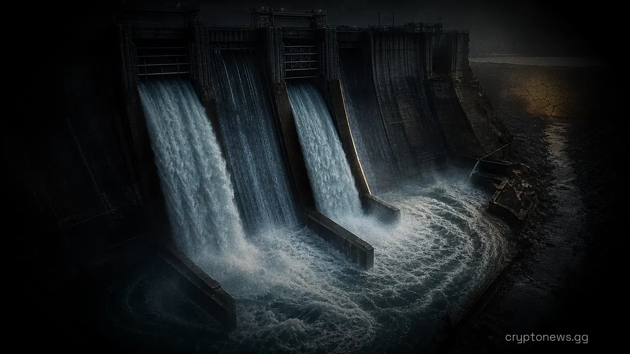 Dam floodgates open as most water curves back through return sluices and a thin stream flows past a cracked retaining wall