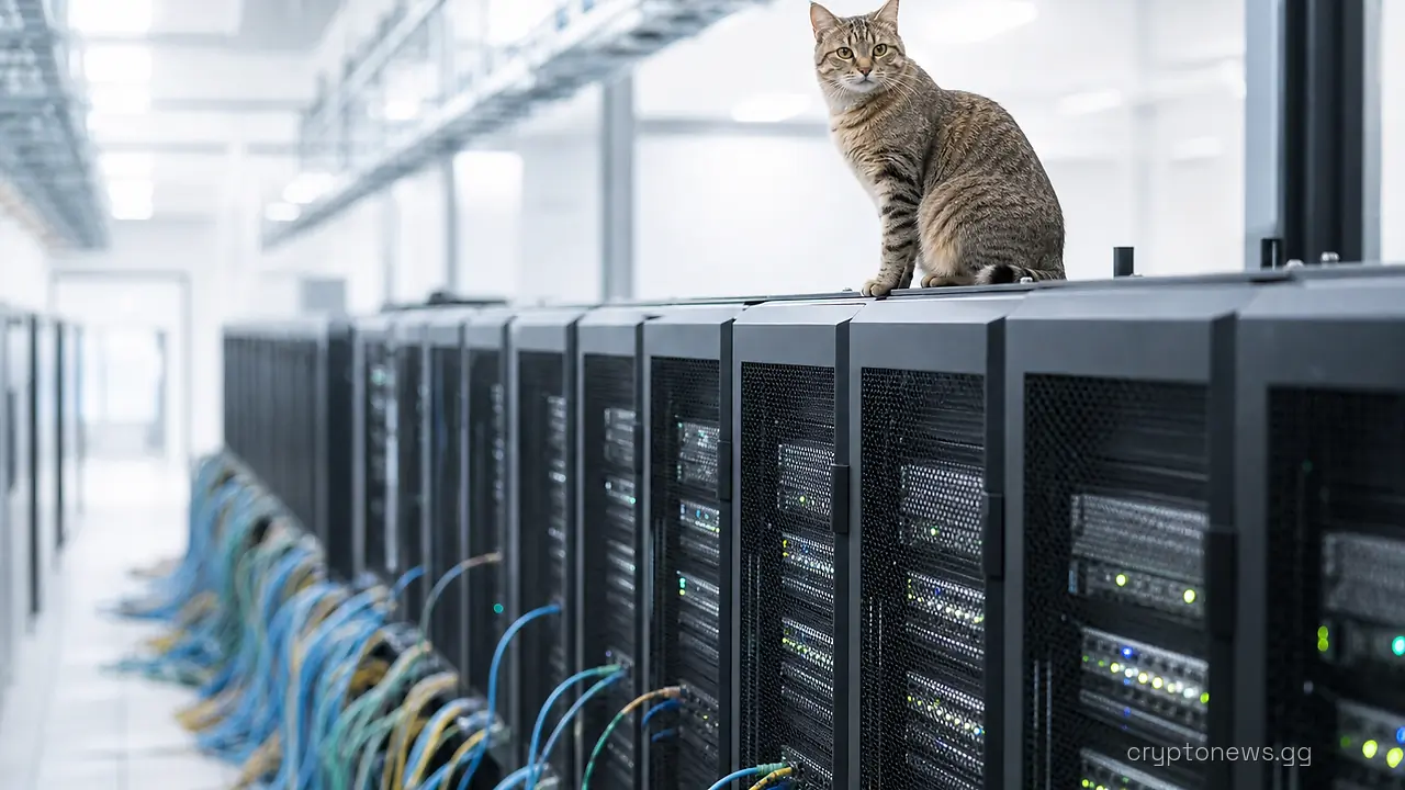 a stray cat perched atop a long row of server racks in a data center with cables running across the floor