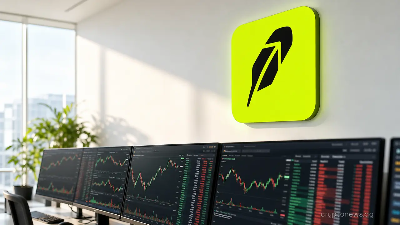 Brokerage trading terminals showing token order books beneath Robinhood signage on an office wall
